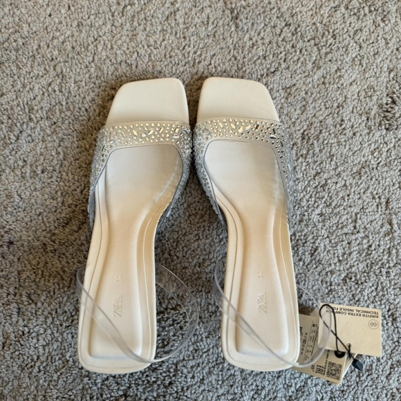 Zara White and Cream Rhinestone Vinyl Square-toe Heeled Sandals - Picture 3 of 8
